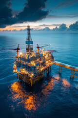 Offshore oil rig platform at late evening with oil drilling operation in open sea