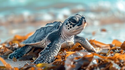 Closeup of a sea turtle hatchlings first breath cute and determined on a beach littered with natural ecofriendly debris like seaweed and driftwood