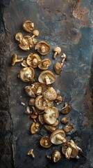 Obraz na płótnie Canvas Mushrooms scattered artistically on a dark slate