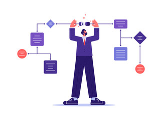 Analyst with structural thinking, finding connections, building flowchart scheme, system, logic and structure in business analysis concept