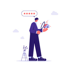 Real estate agency and property appraisal service concept, realtor holding house in hand examining it with magnifying glass