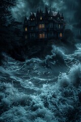 house cliff middle stormy ocean horror still live action entertainment river rapids shadows flooding - obrazy, fototapety, plakaty