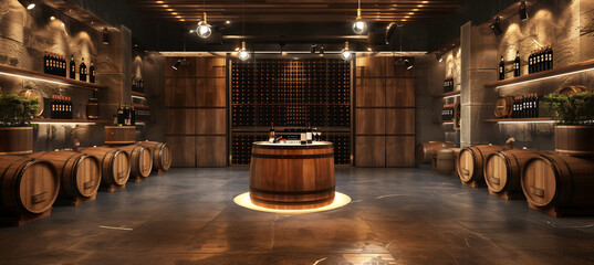Modern wine cellar with wooden barrels in winery industry environment