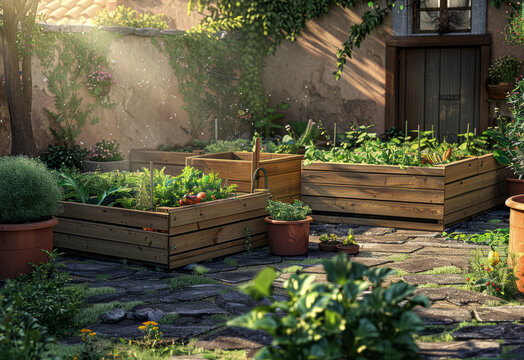 Sunlit Raised Garden Beds with Lush Greenery in Backyard