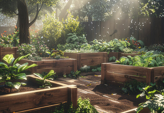 Sunlit Raised Garden Beds with Lush Greenery in Backyard