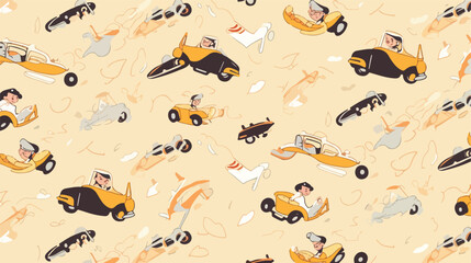 Seamless pattern with racer kid and race car on mus - obrazy, fototapety, plakaty