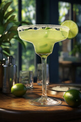  Cocktail  margarita in  glass is prominently featured on a wooden surface, with a blurred background accentuating green hues and indoor ambiance. 