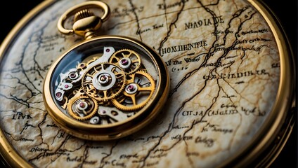 Fototapeta na wymiar An antique pocket watch, its intricate golden gears visible through a crystal back, resting on an old map Generative AI