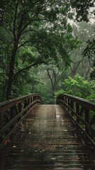 wooden bridge small stream rainy background green leaves walkways illinois hot humid distant rainstorm connected hanging new jersey soothing ratio eerie - obrazy, fototapety, plakaty