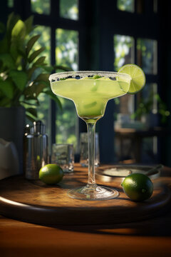  Cocktail  margarita in  glass is prominently featured on a wooden surface, with a blurred background accentuating green hues and indoor ambiance. 