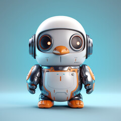 Adorable cartoon-styled robot penguin character with headphones on a blue background. The cute cybernetic creature has a futuristic design with detailed joints and metallic texture.
