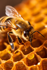 Close-up of a honeybee working on honeycombs, detail shown in the textures of the wax cells and the bee's delicate wings, indicative of pollination and honey production.
