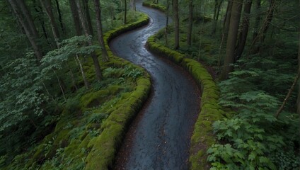 Overhead snapshot of a scenic, curvy path cutting through a dense, rain-soaked woodland Generative AI