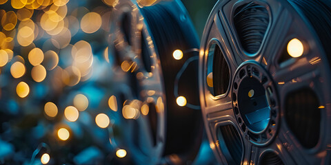 Close up a reels old cinema film reels with bokeh lights background - obrazy, fototapety, plakaty