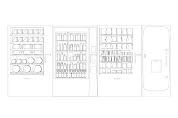 Vending coffee, snack and water is a machine. Outline of a vending snack machine from black lines isolated on a white background. Front view. 3D. Vector illustration.
