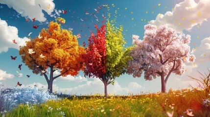 Dynamic 3D cartoon depicting the four seasons with corresponding allergies, educational timeline