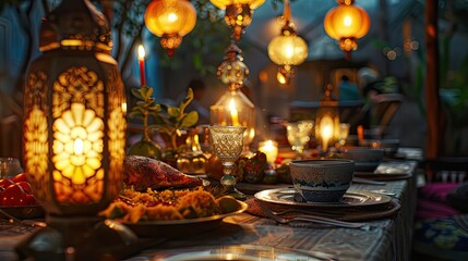 Fototapeta na wymiar Ramadan Kareem ifter food and decoration on wooden table