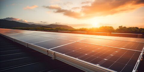 Shining Solar Power Solar Panel on House Roof with Sun Reflection green energy environment - obrazy, fototapety, plakaty