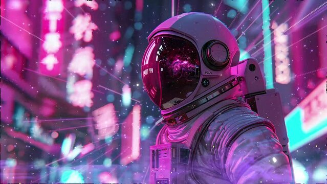 neon night astronaut 3d illustration of astronaut illustration. seamless looping overlay 4k virtual video animation background