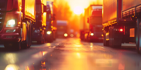 transport trucks parked at a service station at sunset background column of trucks lorries stands on the road waiting for loading unloading - obrazy, fototapety, plakaty