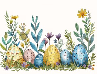 different colored eggs grass flowers illustrated product overgrown forest fungi seamless color hatching sprigger