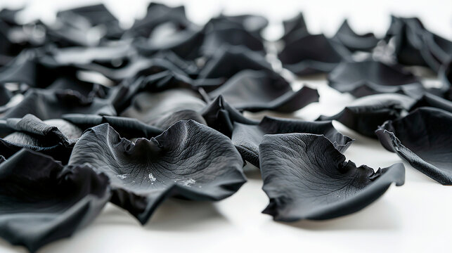 Elegant Black Rose Petals Scattered in a Semi-Circle on Floor, Perfect for Romantic Concepts with Text or Photos, Focused Lighting, White Background