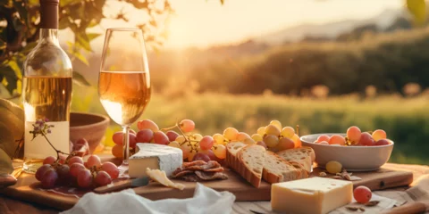 Fotobehang  view of sunset background with two glasses of white wine cheese grapes sunset background © Muhammad
