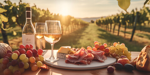 view of sunset background with two glasses of white wine cheese grapes sunset background
