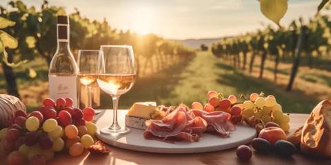 Fotobehang  view of sunset background with two glasses of white wine cheese grapes sunset background © Muhammad