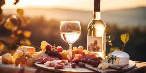 Fotobehang romantic picnic setting with wine bottle, cheese, and fruit with sunset background view of sunset background with two glasses of white wine cheese grapes © Muhammad