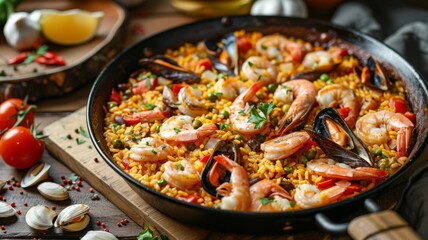 A sizzling pan of paella with seafood and saffron rice