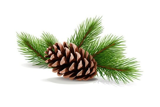 Brown pine cone on white background with fir branch