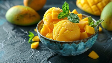 A vibrant bowl of mango sorbet with fresh mango pieces - obrazy, fototapety, plakaty