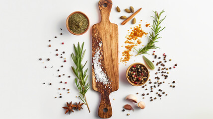 Homemade Gourmet Culinary Composition: Rustic Wooden Board with Fresh Ingredients on Table, Chef's Recipe for Healthy Meal Preparation in Focused Lighting, Gastronomic Cuisine Concept - obrazy, fototapety, plakaty
