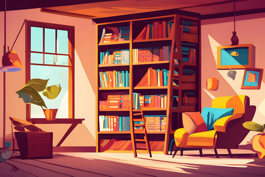 Place for reading books, home library interior, empty room with wooden bookshelves, ladder, cozy armchair with pillow, glass window on roof, literature storage, athenaeum. Cartoon