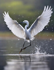 Obraz premium A great Cattle Egret (Bubulcus ibis) spread its wings splashed water on lagoon surface