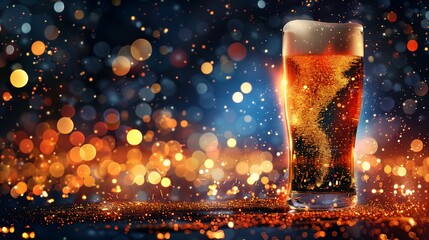 glass beer table lights spell fiery particles portrait holding pint ale sparkling nebula golden ribbon - obrazy, fototapety, plakaty