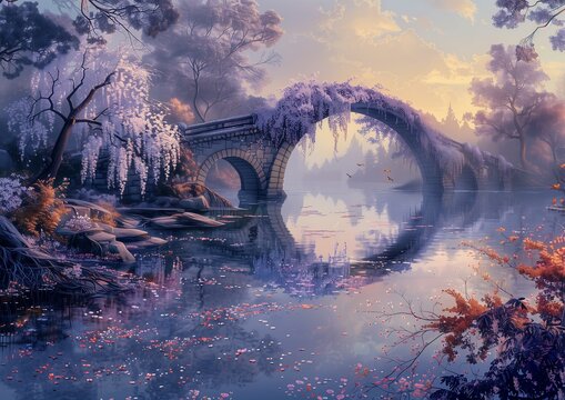 bridge lake bird flying cute lilac bushes furry romantic simple path traced beyond mirror puzzle