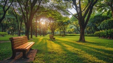 beautiful green park with wooden benches, Generative AI