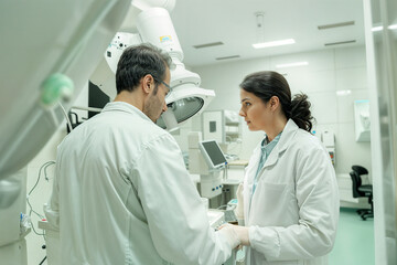 Fototapeta premium Doctors and patients using state-of-the-art medical equipment in a bright, clean clinic environment