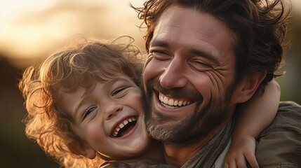 Fototapeta premium Father and boy child hug happy in nature. Happiness, laughing and family love of a dad and kid. Fatherhood portrait. Care and Love. Happy father's day