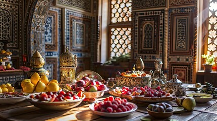 Ramadan Kareem ifter food and decoration on wooden table - obrazy, fototapety, plakaty
