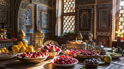 Foto op Plexiglas Ramadan Kareem ifter food and decoration on wooden table © soyibakter