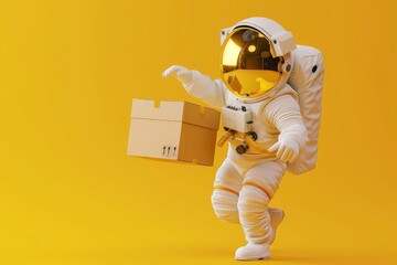 Delivery service, Astronaut for delivery of around the world on yellow background, Generative AI