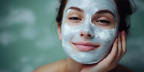 Spa girl with pleased facial expression applying facial clay mask. Beauty treatments. Over blue background. - obrazy, fototapety, plakaty