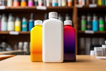 plastic bottle on colorful block background realistic mockup. Liquid product packaging mock-up