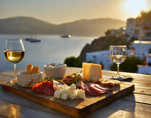 Fototapeta premium Cheese platter with different types of cheese, olives, prosciutto, salami, mozzarella and white wine at sunset in Bodrum, Turkey