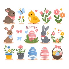 Vector cute easter set. An egg with ears and a chicken in an egg. Cute eggs. Basket with eggs. Cute Easter patterns.