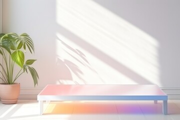 Fototapeta premium transparent plastic coffee table, minimal empty colorful space and clean, beautiful lighting and shadows home plant.