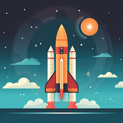 Rocket launch in the sky flying over clouds. Space ship in smoke clouds. Business concept. Start up template. Simple modern flat cartoon design. Space travel.
